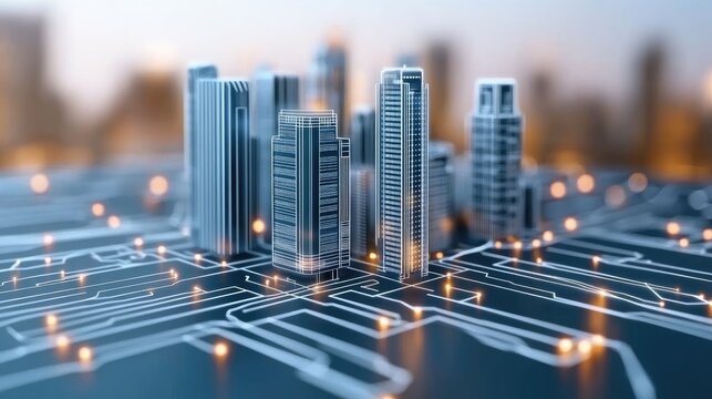 This composition illustrates a futuristic smart city with digital elements, featuring one side in daylight and the other in night mode