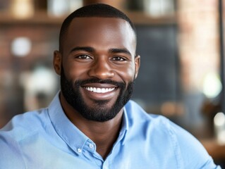 Obraz premium A smiling male in a professional setting, wearing a blue shirt. The background is subtly blurred, highlighting his friendly expression and confident demeanor.
