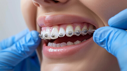 A dental professional checks the alignment of teeth during an orthodontic adjustment in a modern clinic