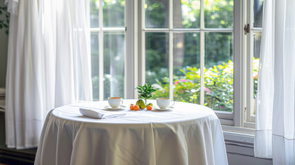 Bright breakfast setting with two cups, fresh fruits on a tablecloth-covered table by a garden view window.
