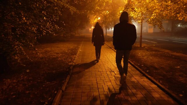 A man follows a woman down a dark street