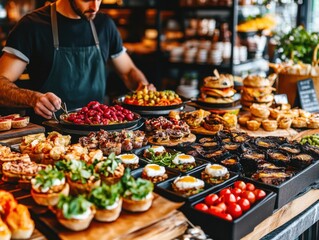 A vibrant display of colorful Basque pinchos and tapas arranged on a wooden counter, appealing with a variety of flavors and textures.