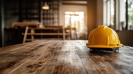 A yellow construction hard hat lies prominently on a textured wooden table within a softly lit interior space, evoking themes of work and safety.