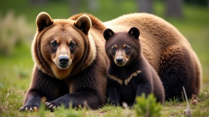 Obraz premium A heartwarming portrayal of a grizzly cub cuddled against its mother, surrounded by vibrant forest foliage.