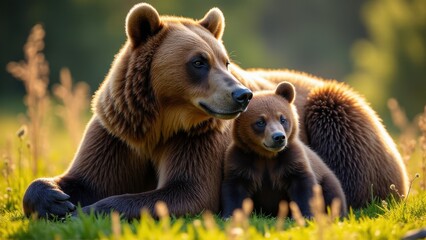 Obraz premium A stunning photograph of a grizzly bear cub close to its mother, with gentle shadows enhancing their beautiful fur.