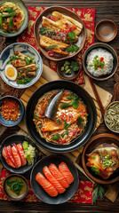 A stunning spread of Asian cuisine showcases colorful dishes including sushi, ramen, and fresh vegetables, inviting everyone to indulge in this culinary feast