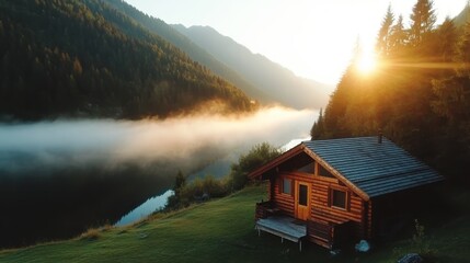 A cozy wooden cabin stands by a tranquil lake at sunrise, with mist shrouding the mountain backdrop, symbolizing peace and retreat from the world’s chaos.