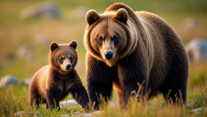 Obraz premium A touching moment of a grizzly bear cub resting next to its mother, bathed in the warm glow of the setting sun.