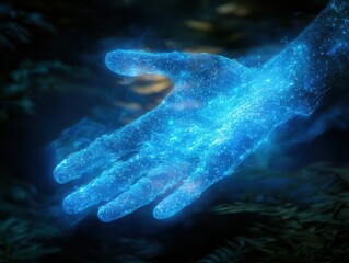 A luminous digital hand hologram glows on a dark background, representing futuristic and virtual concepts with bright blue lights.