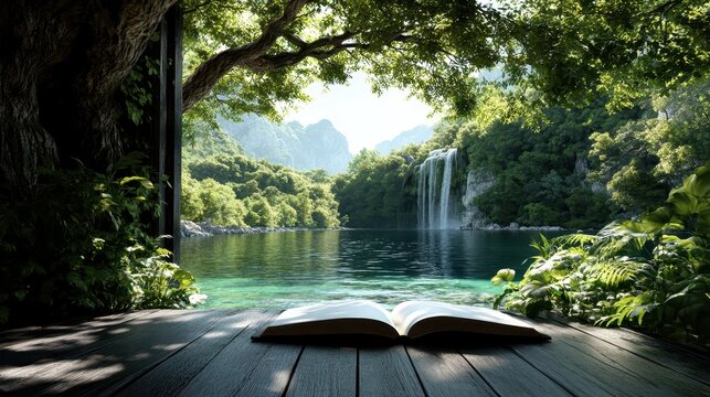 A tranquil scene featuring an open book resting on a wooden dock overlooking a crystal-clear lake with a waterfall surrounded by lush greenery under bright sunlight.