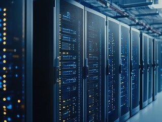 A state-of-the-art data center with rows of servers illuminated by blue LED lights, showcasing advanced technology in a sleek and modern environment.