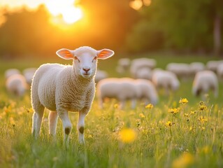 Naklejka premium A serene scene of sheep grazing in a sunlit meadow, bathed in the golden glow of sunset. The peaceful ambiance captures a sense of tranquility.