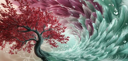 A dynamic 3D mural of a tree with crimson and light green leaves, accented by feathers transitioning from magenta to mint, dewdrops glistening, swirling into a serene vortex.