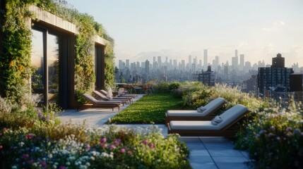 Obraz premium Serene Urban Rooftop Garden Oasis with City View