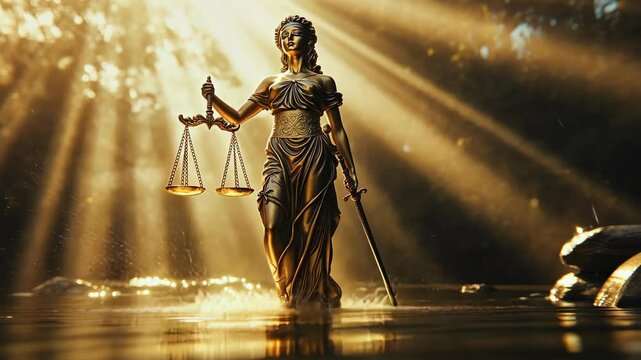 A golden statue of Justice stands in a stream of light, holding scales and a sword, symbolizing the balance and power of law