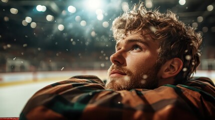 A young man wearing a plaid shirt gazes upwards contemplatively while surrounded by falling...