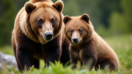 Fototapeta premium A heartwarming photograph of a grizzly bear cub with its mother, highlighting their bond in a serene forest setting.