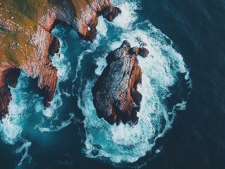 An aerial view of the ocean showcases a large rock surrounded by swirling waves, creating a dramatic and dynamic natural scene.