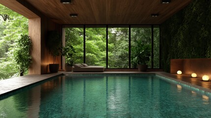 The image showcases an indoor pool area surrounded by verdant greenery, wooden decor, and tranquil water, providing a peaceful and harmonious retreat indoors.