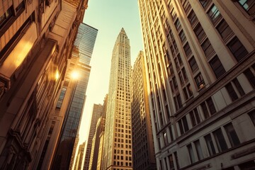 Low Angle View of Iconic Art Deco Skyscrapers in Golden Hour Light with Ornate Architectural Details and Reflections in a Historic Cityscape