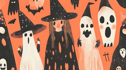 Halloween whimsical character patterns dressed as witches and ghosts