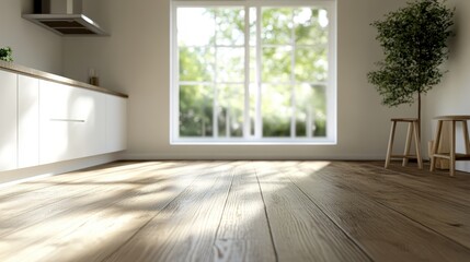 A stylish kitchen featuring a contemporary design with floor-to-ceiling windows, minimalist furnishings, and warm wood tones, suitable for modern living spaces.