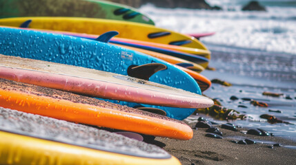 Colorful surfboards lined up on the beach, ready for a day of surfing and ocean adventures at the coast