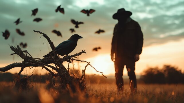 A shadowed figure wearing a hat stands near a crow at dusk, with butterflies fluttering nearby. The golden light creates an air of magic, calm, and mystery.