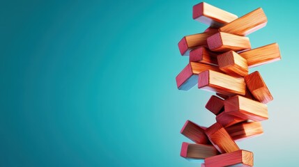 Colorful wooden blocks are stacked in a precarious tower, symbolizing balance, strategy, and tension, illustrating themes of playfulness and construction.