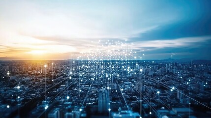 An aerial perspective showcases a vibrant smart city with high-tech networks and glowing skyscrapers in a futuristic setting