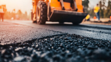 Workers leveling fresh concrete on a road construction site during sunset in a suburban area