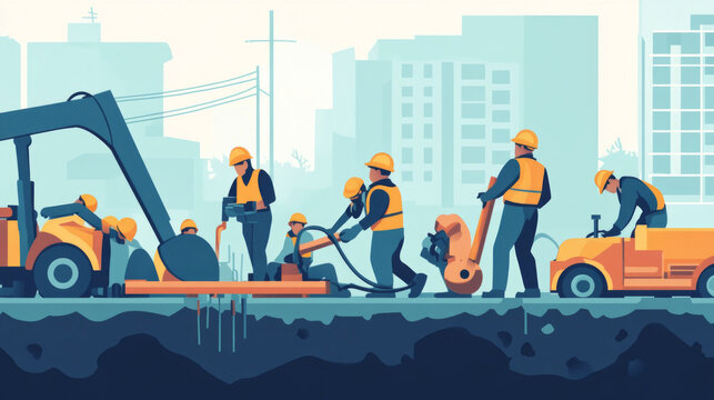 Repairing underground utilities in an urban setting with workers and heavy machinery during daylight