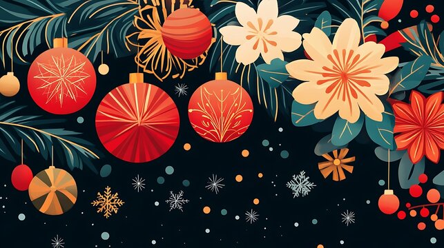 New Year cheerful greetings illustrated with festive motifs