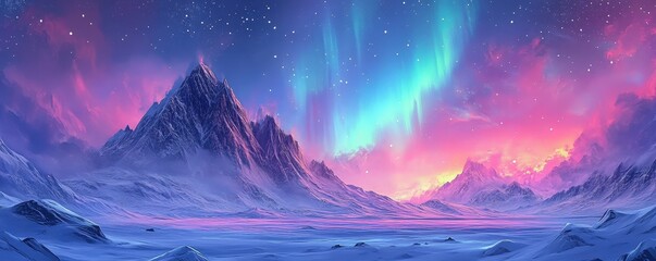 Aurora Borealis Over Snow-Covered Landscape with Distant Mountains and Vibrant Night Sky in Shades of Blue and Pink