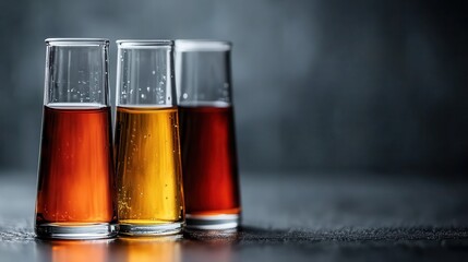 A close-up image showing three glasses of different vibrant colors filled with liquids, beautifully lit against a moody backdrop, creating a serene atmosphere.