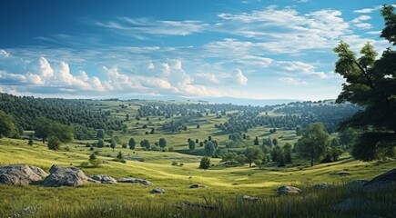 Fototapeta premium landscape with grass and sky, landscape with fields, panoramic view of green forest landscape, green jungle