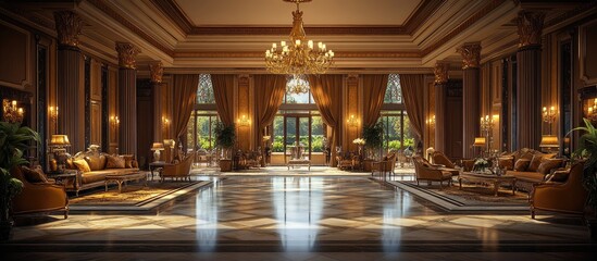 Luxurious hotel lobby with high ceilings, grand chandeliers, and ornate furniture.