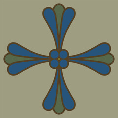 Stylized cross shape. Abstract geometrical square decorative element. Medieval folk style. Rectangular flower.