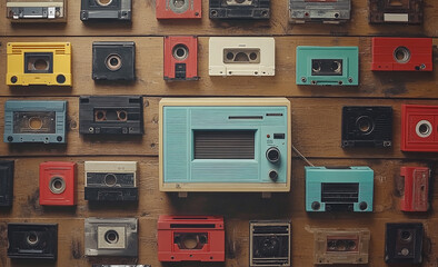 Fototapeta premium Vintage style of a vintage radio and cassette tapes on a wooden background, representing the nostalgic era with retro audio technology