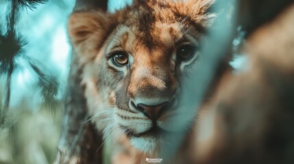 A lion hidden amid lush foliage, its intense eyes locked in a focused look, embodies the wild mystery and majesty of the animal kingdom discreetly.