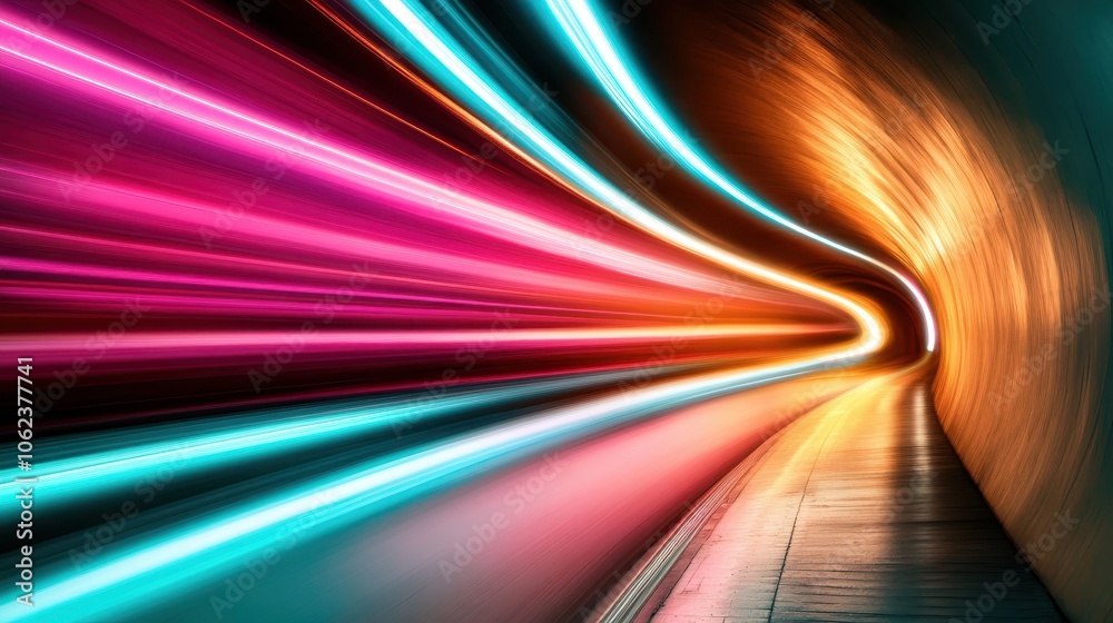Poster a dynamic image capturing a vibrant tunnel illuminated by colorful neon lights, creating a striking 