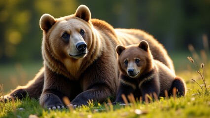 Obraz premium A charming scene of a grizzly cub with its mother, highlighting the love and affection they share in their natural habitat.