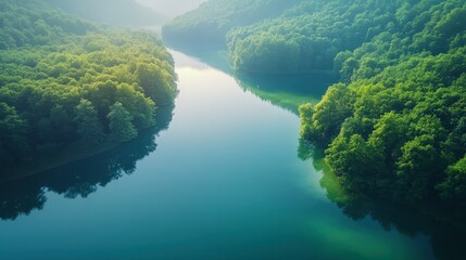 Aerial View of Serene River Surrounded by Lush Forests