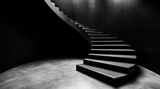 A sleek spiral staircase elegantly ascends against a shadowy backdrop, creating a dramatic and modern architectural focal point with a sense of upward momentum and style.