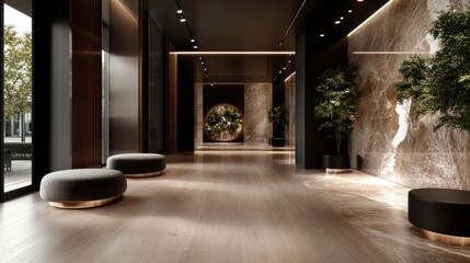 A grand hallway decorated with polished marble, modern accents, lush green plants, and luxurious round seating for a perfect blend of elegance and comfort.