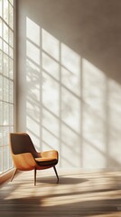 Fototapeta premium Cozy corner with modern chair and autumn light streaming through large windows