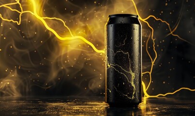 A black energy drink can with lightning in the background that is electrifying bright and golden, Generative AI.