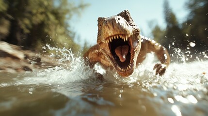 A roaring dinosaur runs and splashes in a river, evoking the thrilling chase and prehistoric...