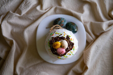 Delicious Easter kulich on a light background, showcasing homemade baking with a touch of warmth...