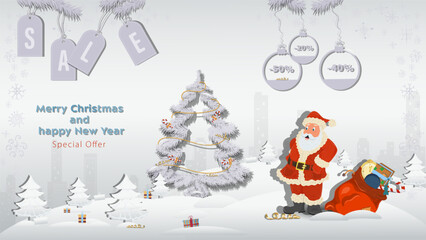 Special Offer Christmas and New Years Sale Santa Claus stands next to a bag of gifts next to a fir tree in a winter snowy forest
